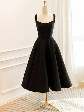  Black Straps Satin Tea Length Homecoming Dress, Black Satin Short Prom Dress Formal Dres