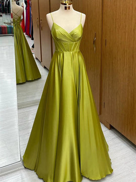 Green Satin A-line Straps Long V-neckline Party Dress, Green Satin Prom Dress