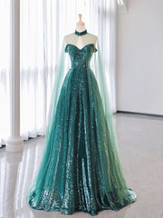 A-line Green Sequins Long Party Dress with Tulle Cap, Green Sequins Prom Dress