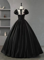 Black Satin Short Sleeves Round Neckline Party Dress, Black Sweet 16 Dress