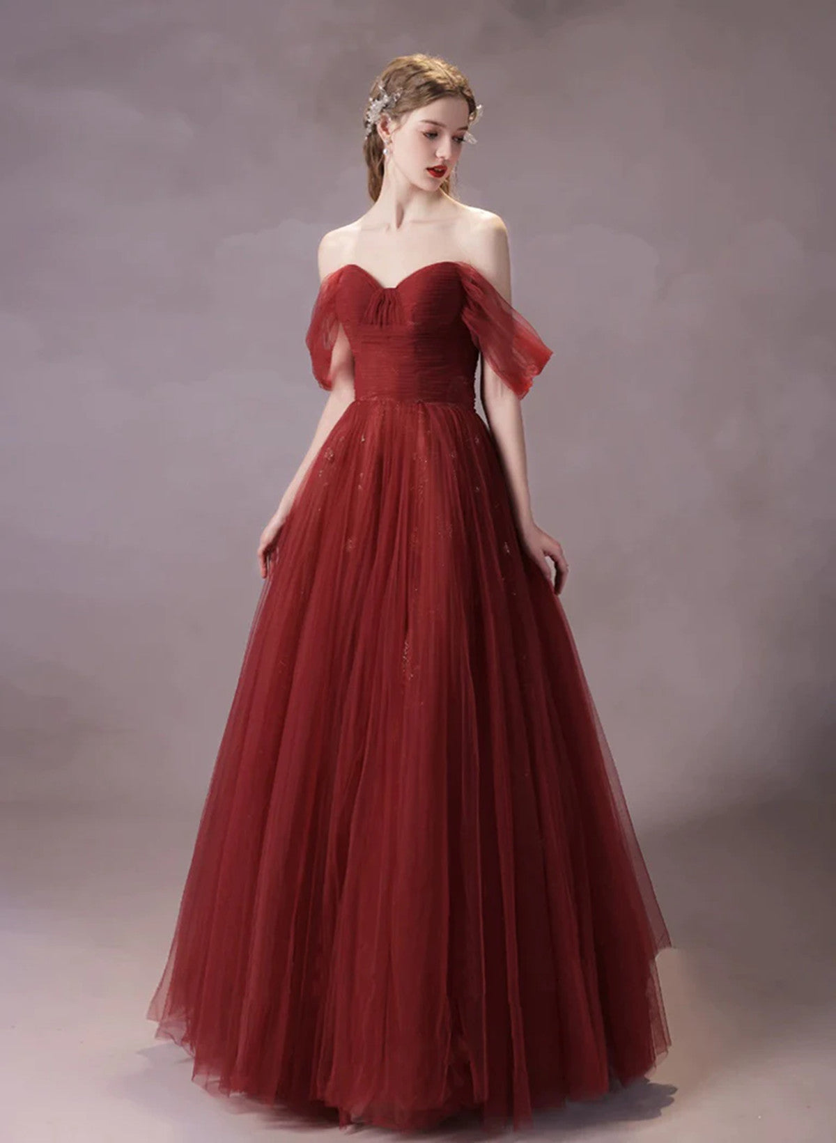 Elegant Wine Red A-line Tulle Off Shoulder Party Dress, Long Dark Red Evening Dress