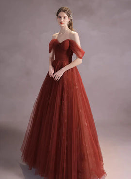 Elegant Wine Red A-line Tulle Off Shoulder Party Dress, Long Dark Red Evening Dress