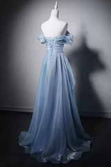 Light Blue Beaded Sweetheart Strapless Long Formal Dress, Light Blue Long Prom Dress Evening Dress
