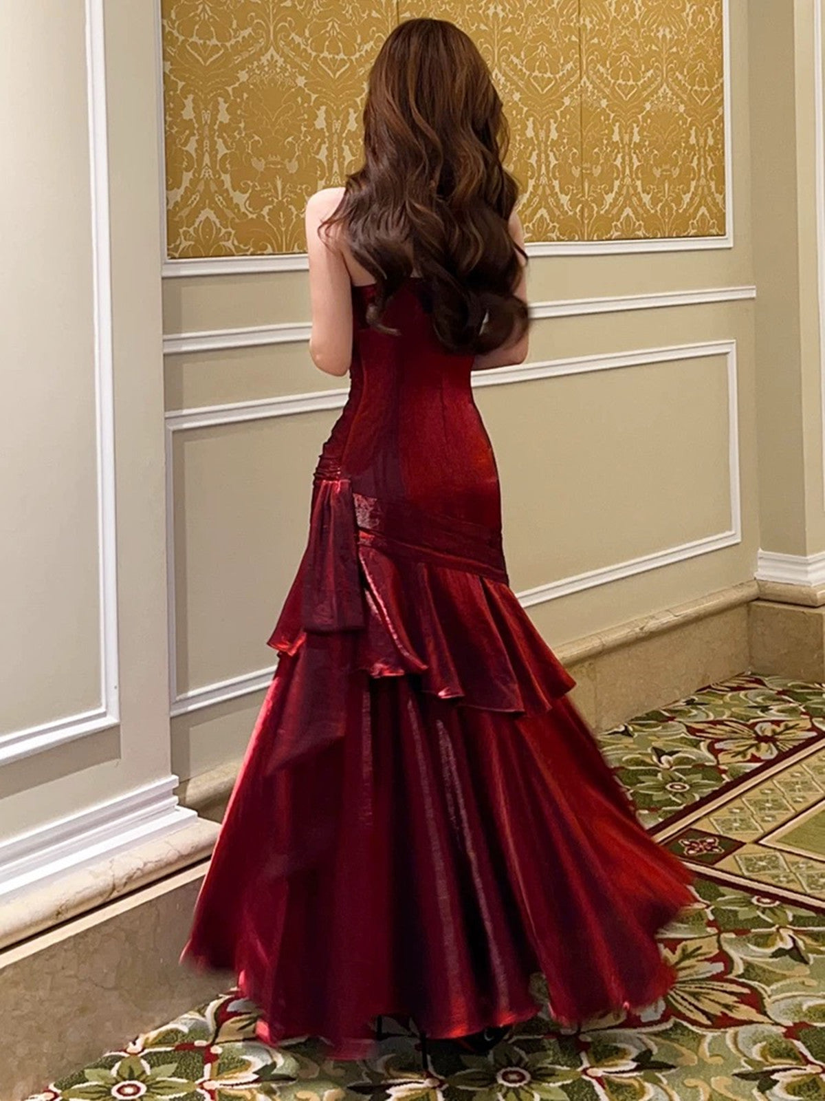 Wine Red Satin Mermaid Straps Long Evening Dress, Wine Red Satin Prom Dress Formal Dress