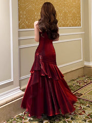 Wine Red Satin Mermaid Straps Long Evening Dress, Wine Red Satin Prom Dress Formal Dress