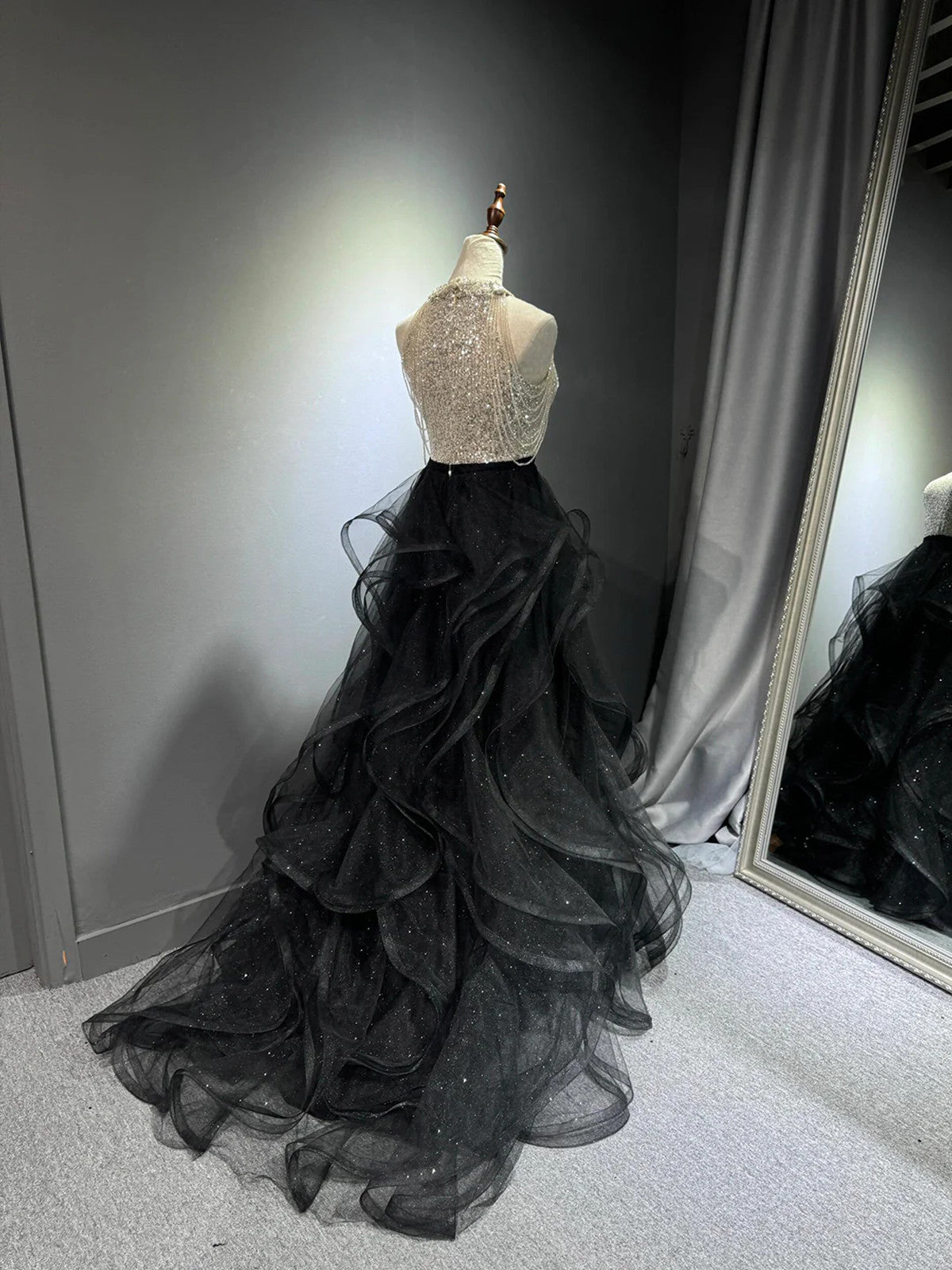 Black Halter Tulle Beaded and Sequins A-line Party Dress, Black Tulle Cutedressy Black Halter Tulle Beaded and Sequins A-line Party Dress, Black Tulle Cutedressy