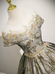 Lovely Round Neckline Floral Lace and Tulle Party Dress, Lace Applique Long Sweet 16 Dress