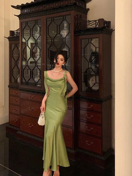 Green Satin Mermaid Straps Long Party Dress, Green Chic Evening Dress Prom Dress