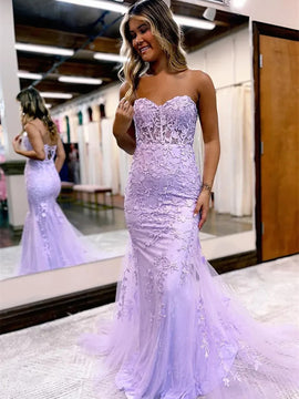 Light Purple Mermaid Sweetheart Neck Lace Long Prom Dress, Light Purple Party Dress