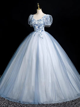 Cute Light Blue Tulle with Lace Short Sleeves Party Dress, Light Blue Tulle Prom Dress