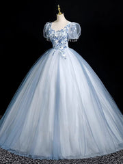 Cute Light Blue Tulle with Lace Short Sleeves Party Dress, Light Blue Tulle Prom Dress