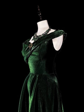 A-line Green Velvet Off Shoulder Party Dress, Simple Velvet Evening Dress Prom Dress