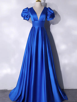 Blue V-Neck Satin Long Prom Dress, Blue A-Line Evening Formal Dress