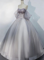 Grey Tulle Sweetheart Flowers Formal Dress, Off the Shoulder A-Line Prom Dress