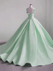 Green Satin Ball Gown Straps Sweet 16 Dress, Green Satin Long Prom Dress Evening Dress