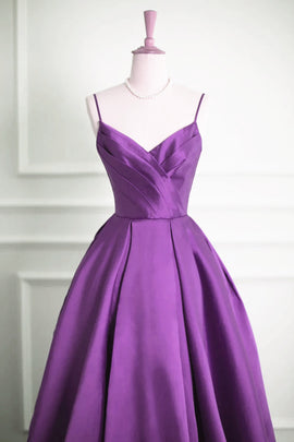 Purple Satin V-neckline Straps Long Prom Dress, Purple Evening Dress Formal Dress