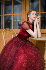 Wine Red Velvet and Tulle Tea Length Homecoming Dress, Wine Red Wedding Party Dress