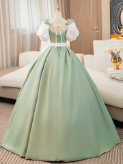 Green and White Satin Long Party Dress Prom Dress, Short Sleeves Formal Dress