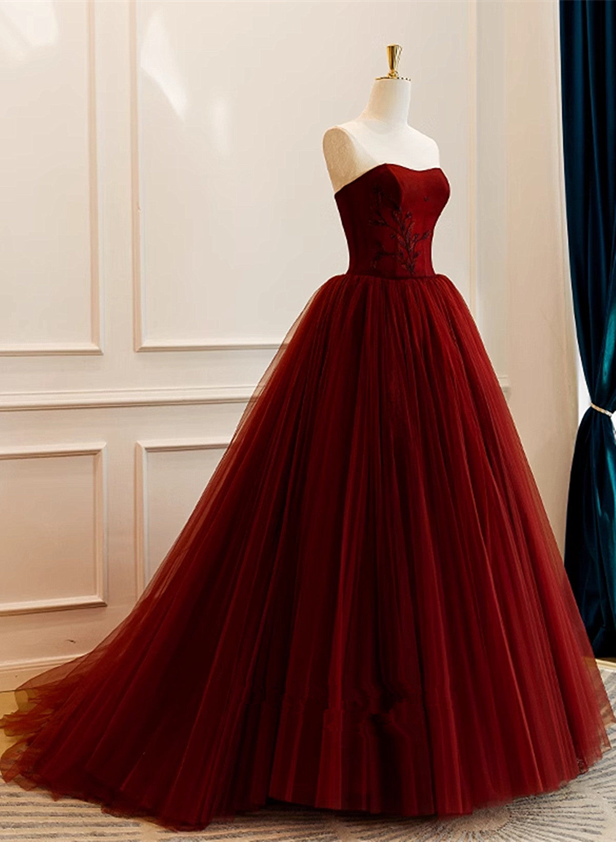 Wine Red Tulle Scoop Long Formal Dress, Wine Red Tulle Prom Dress Party Dress