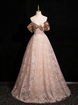 Champagne Lace Off Shoulder A-line Sweetheart Party Dress, Champagne Prom Dress