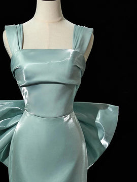 Light Blue Satin Straps Mermaid Low Back Party Dress, Blue Green Satin Prom Dress