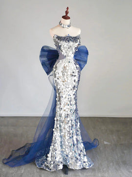 Sliver Mermaid Sequins Long Prom Dress, Sliver Off the Shoulder Formal Dress