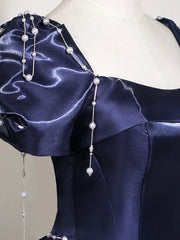 Blue Satin Beaded Long Prom Dress Evening Dress, Blue Satin A-line Party Dress