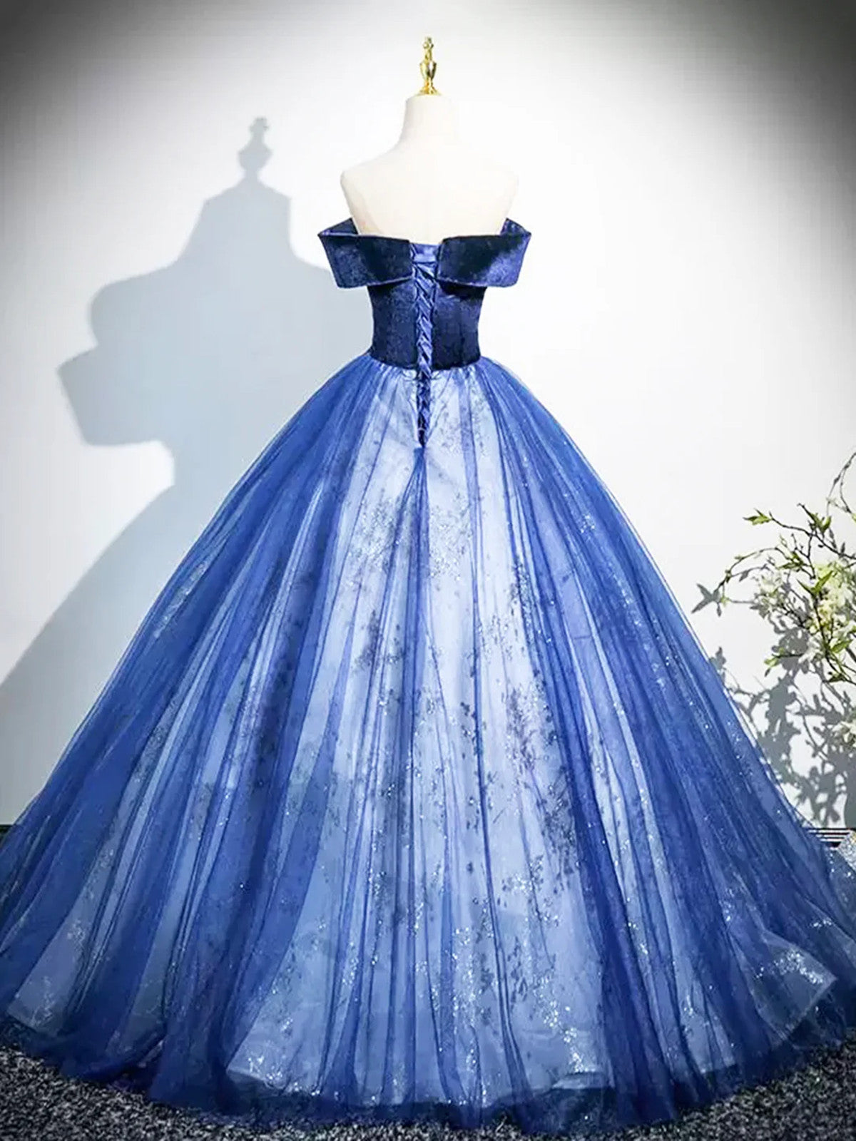Blue Ball Gown Tulle Off Shoulder Long Formal Dress, Blue Sweetheart Party Dress