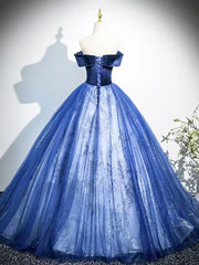 Blue Ball Gown Tulle Off Shoulder Long Formal Dress, Blue Sweetheart Party Dress