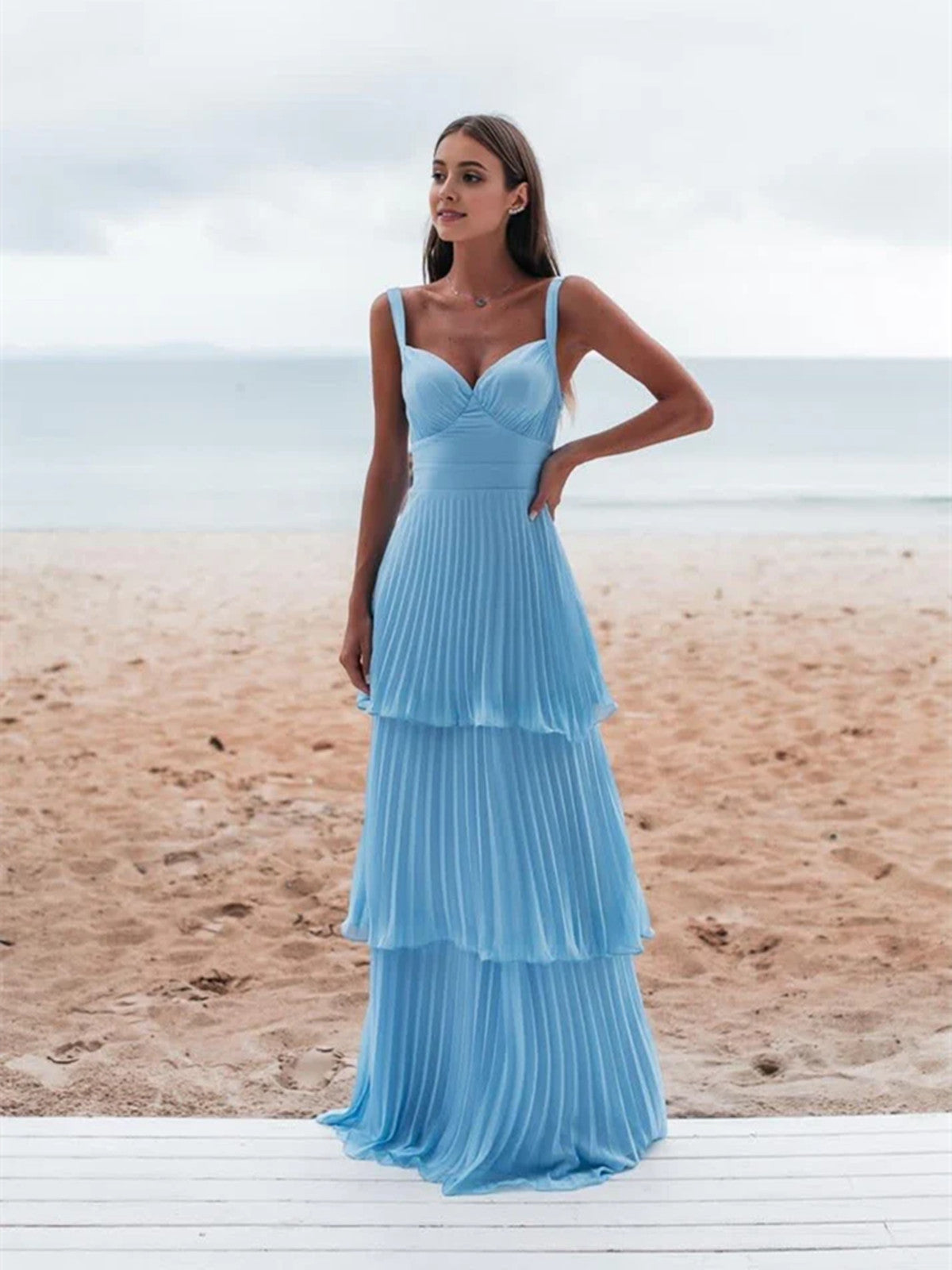Light Blue Straps Chiffon Sweetheart Low Back Pary Dress, Light Blue L – Cutedressy