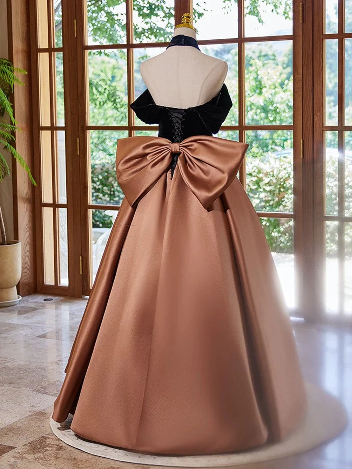 Brown Satin and Black Velvet Prom Dress, Off Shoulder A-line Party Dre Cutedressy Brown Satin and Black Velvet Prom Dress, Off Shoulder A-line Party Dre Cutedressy