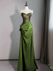 Green V-neckline Satin and Floral Strapless Party Dress, Green A-line Prom Dress