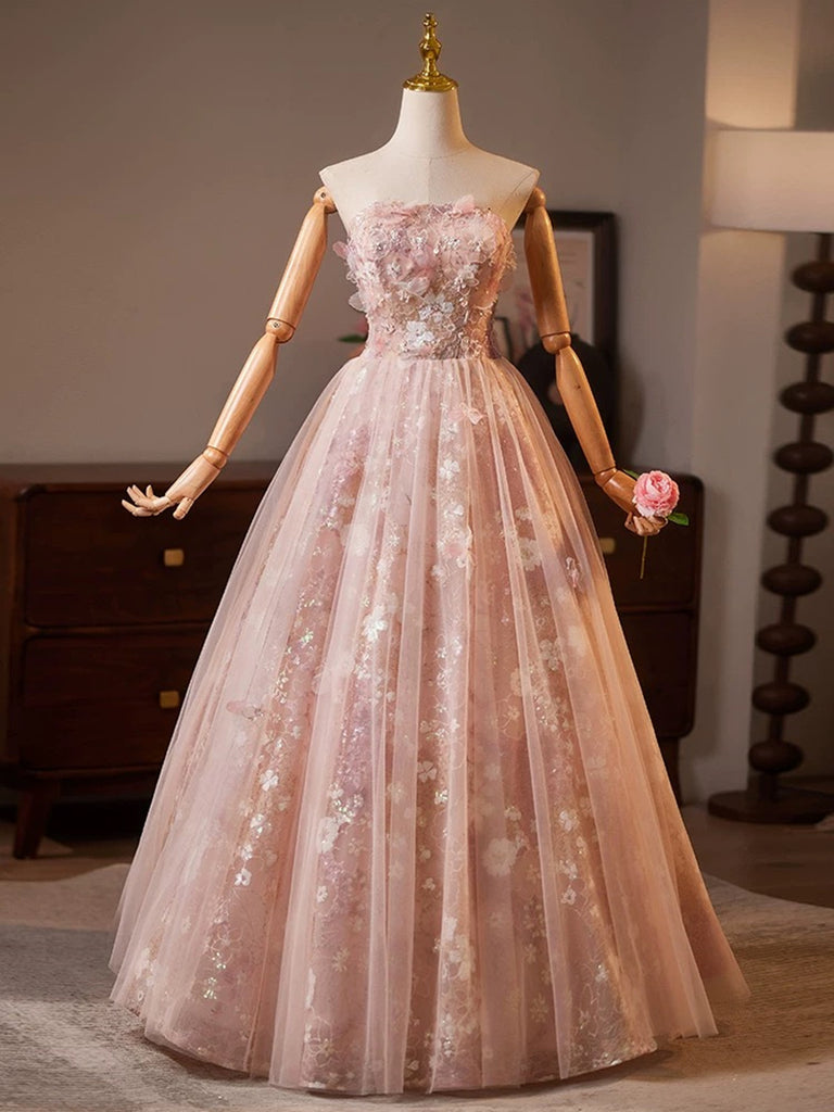 Pink Floral Lace Long Party Dress, A-line Tulle Pink Formal Gown with