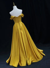 Yellow Satin A-line Off Shoulder Evening Dress, Yellow Long Prom Dress