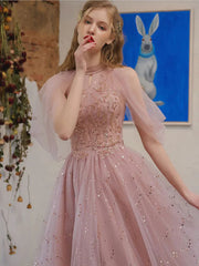 Pink Halter Shiny Tulle Knee Length Homecoming Dress, Pink Tulle Short Prom Dress