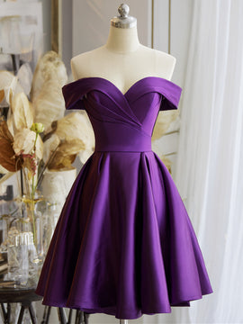 A-line Purple Satin Knee Length Party Dress, Purple Satin Homecoming Dress Formal Dress