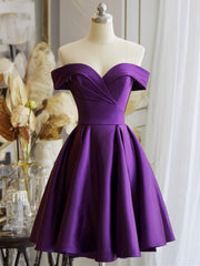 A-line Purple Satin Knee Length Party Dress, Purple Satin Homecoming Dress Formal Dress