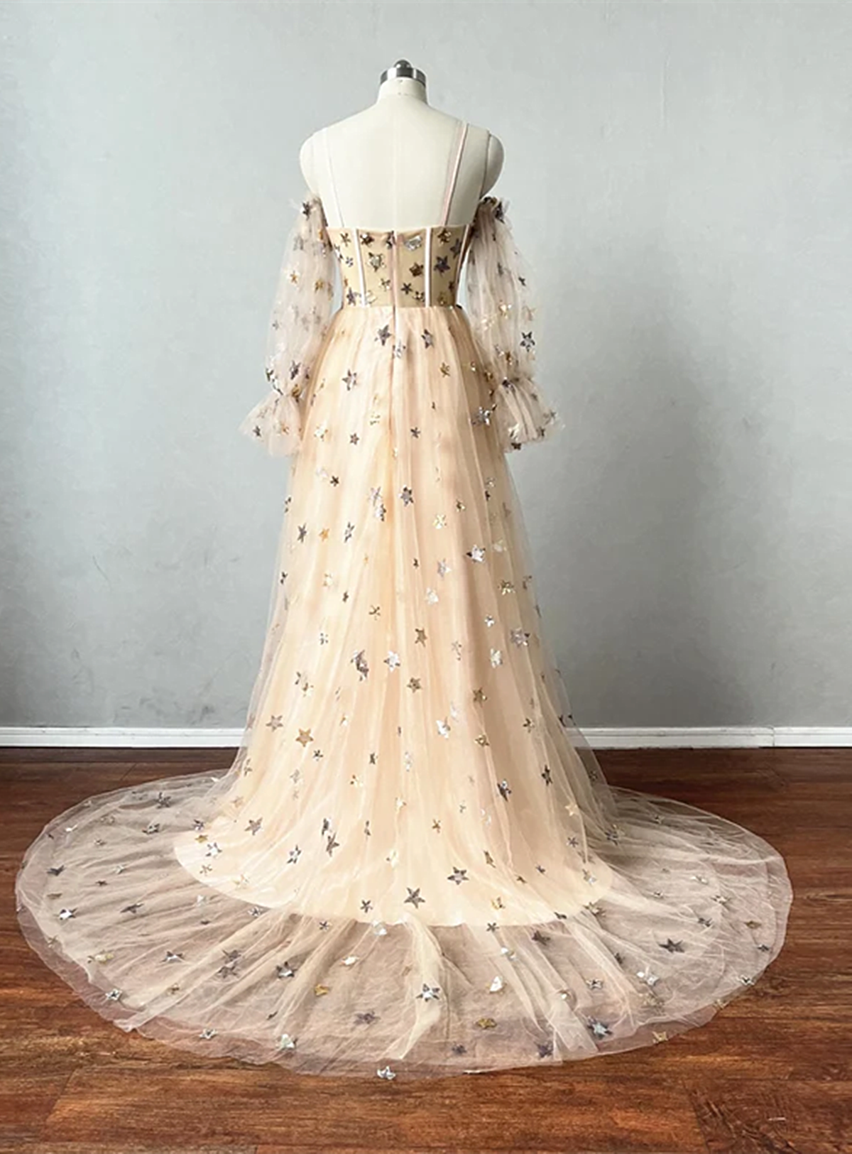 Champagne Puffy Sleeves Tulle Long Evening Dress, Champagne Party Dres – Cutedressy Champagne Puffy Sleeves Tulle Long Evening Dress, Champagne Party Dres – Cutedressy