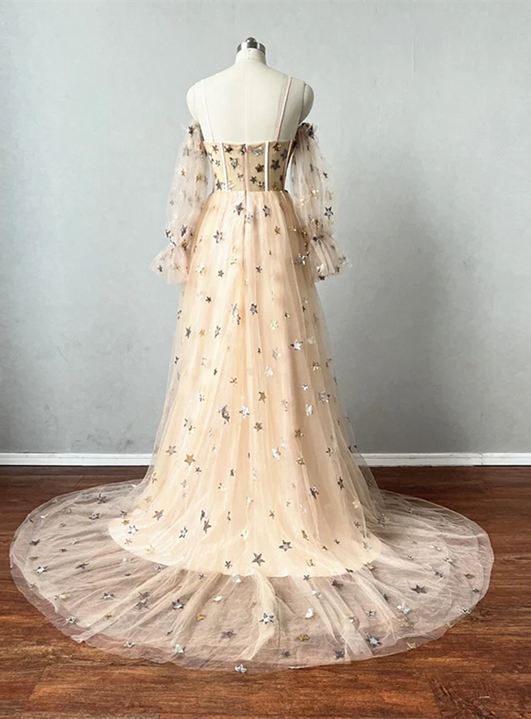 Champagne Puffy Sleeves Tulle Long Evening Dress, Champagne Party Dres