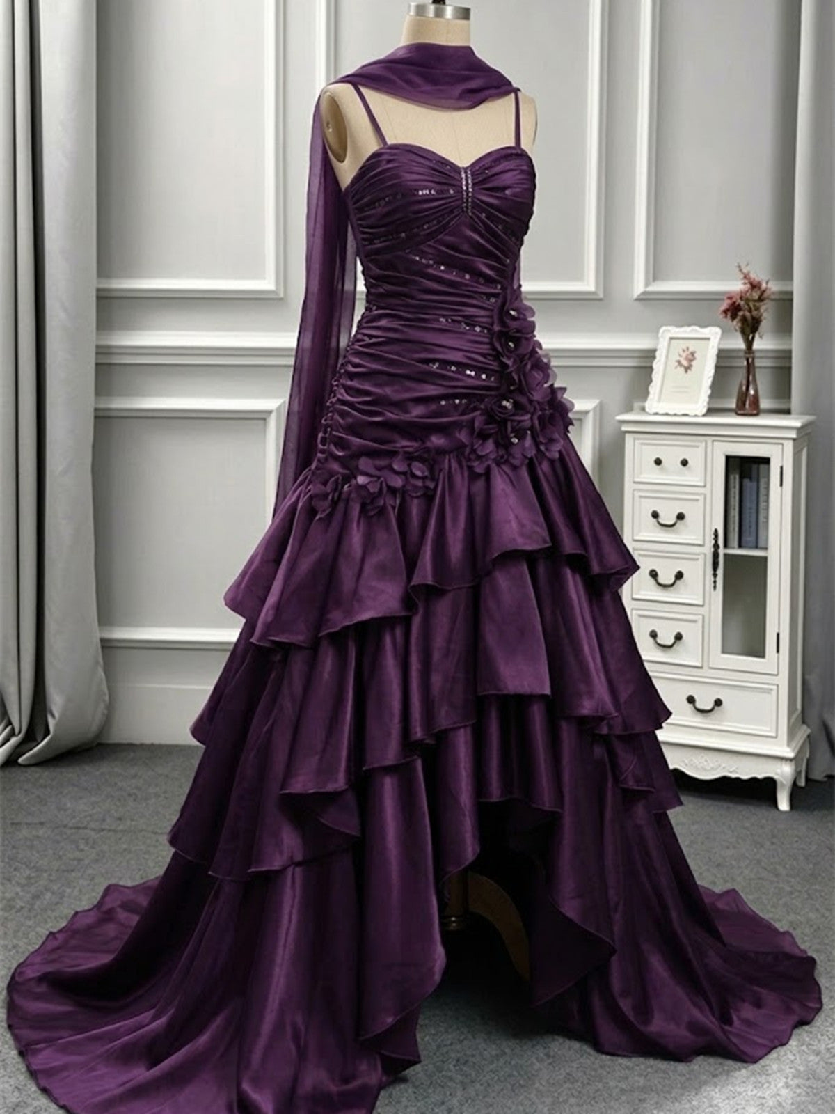 Charming Purple High Low Satin Straps Layers Prom Dress, Gothic Purple Long Party Dress