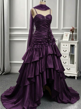 Charming Purple High Low Satin Straps Layers Prom Dress, Gothic Purple Long Party Dress