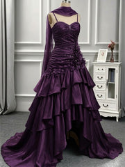 Charming Purple High Low Satin Straps Layers Prom Dress, Gothic Purple Long Party Dress