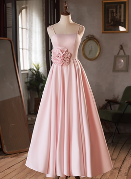 Pink Straps Sweetheart Long Satin Wedding Party Dress, Pink Formal Dress Prom Dress