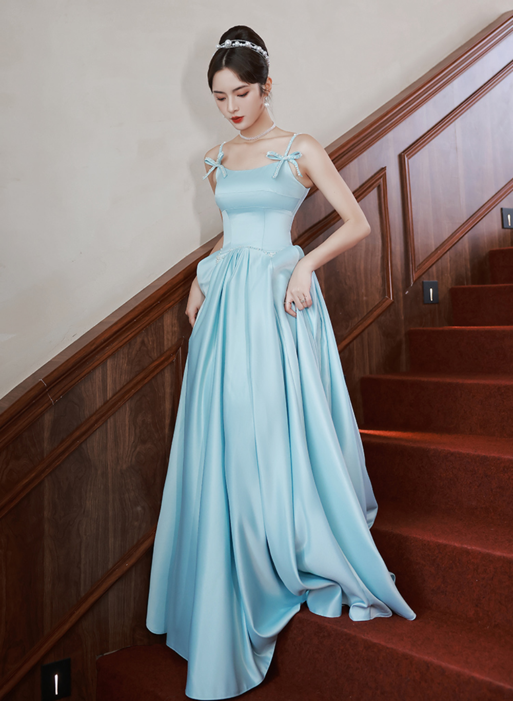 Light Blue Satin A-line Long Straps Beaded Formal Dress, Blue Long Evening Dress