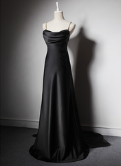 Black Soft Satin A-line Floor Length Prom Dress, Black Straps Long Evening Dress