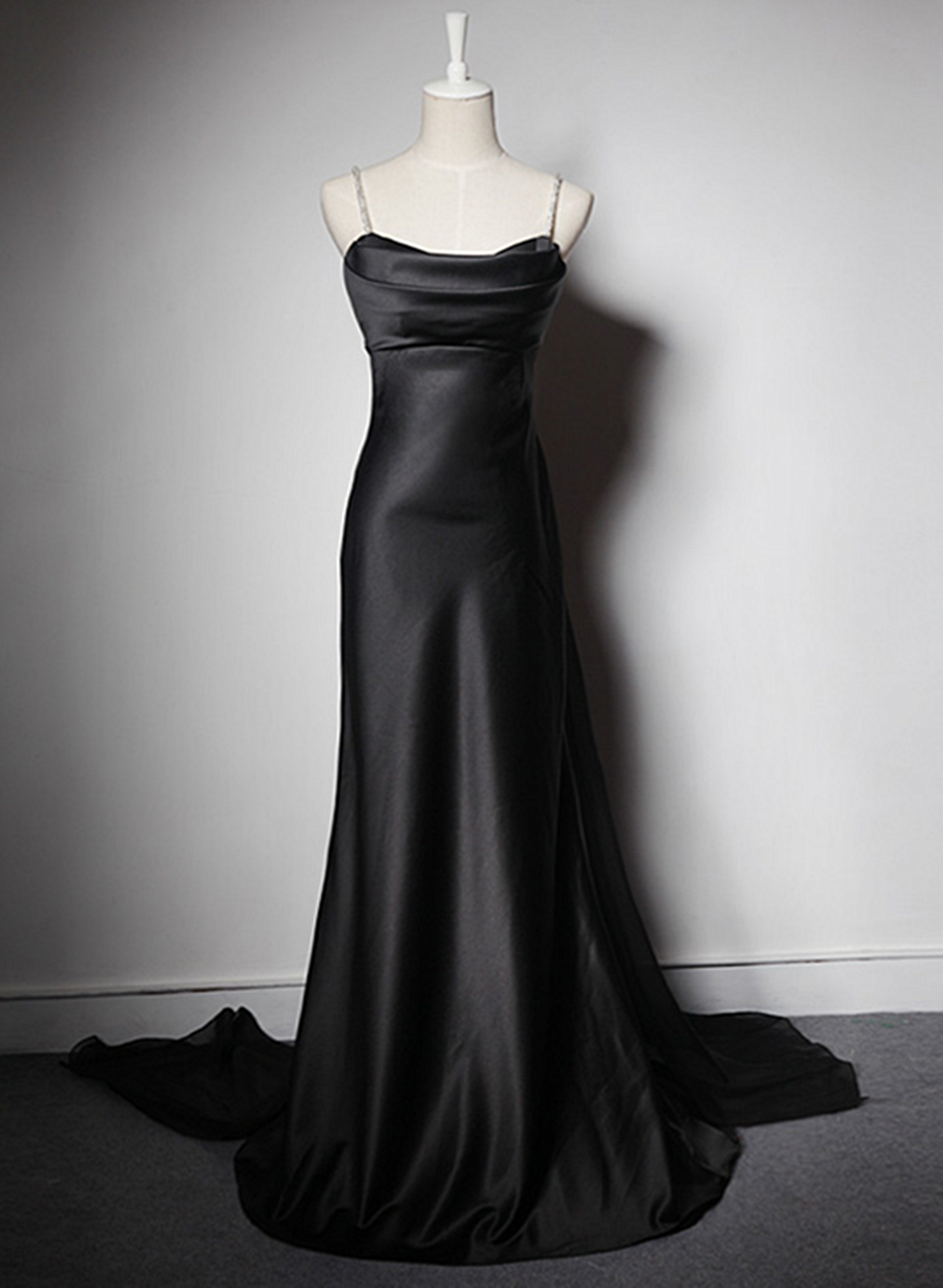 Black Soft Satin A-line Floor Length Prom Dress, Black Straps Long Evening Dress