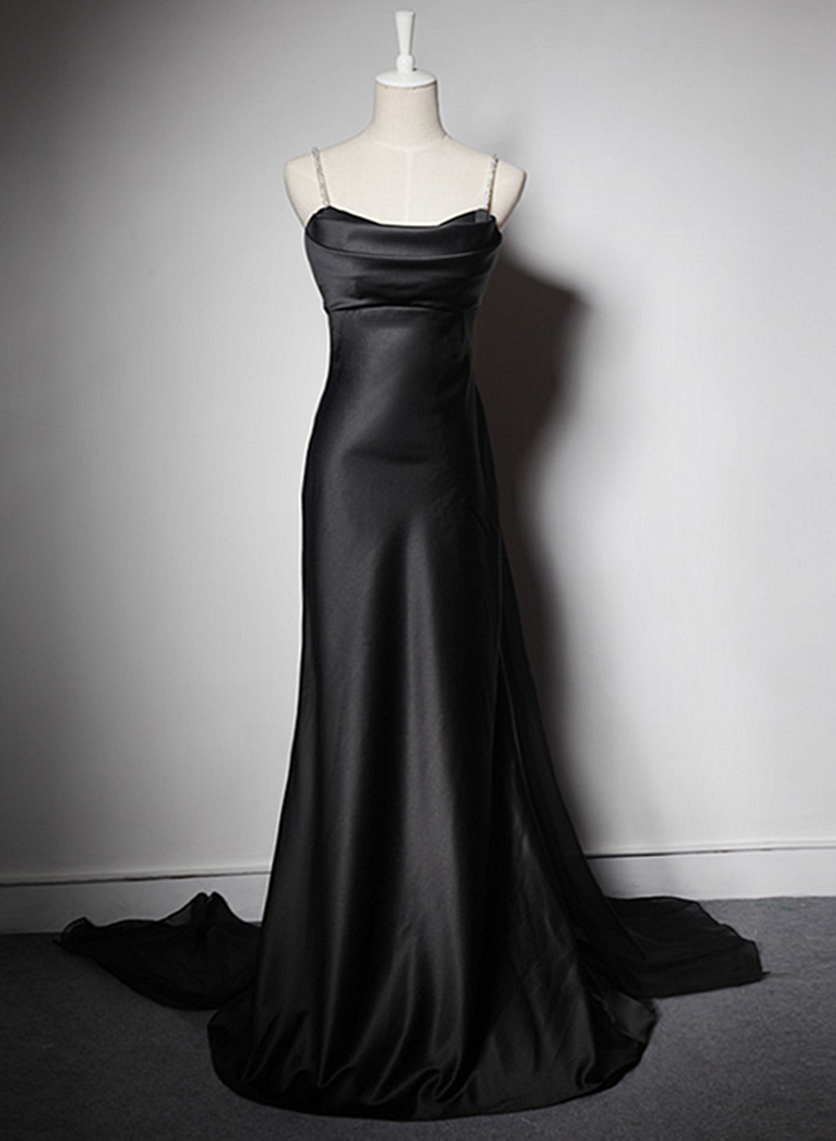 Black Soft Satin A-line Floor Length Prom Dress, Black Straps Long Eve