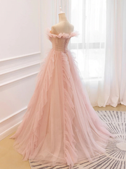 Pink Tulle Off the Shoulder A-Line Tulle Ruffles Floor-Length Prom Dress, Pink Long Party Dress