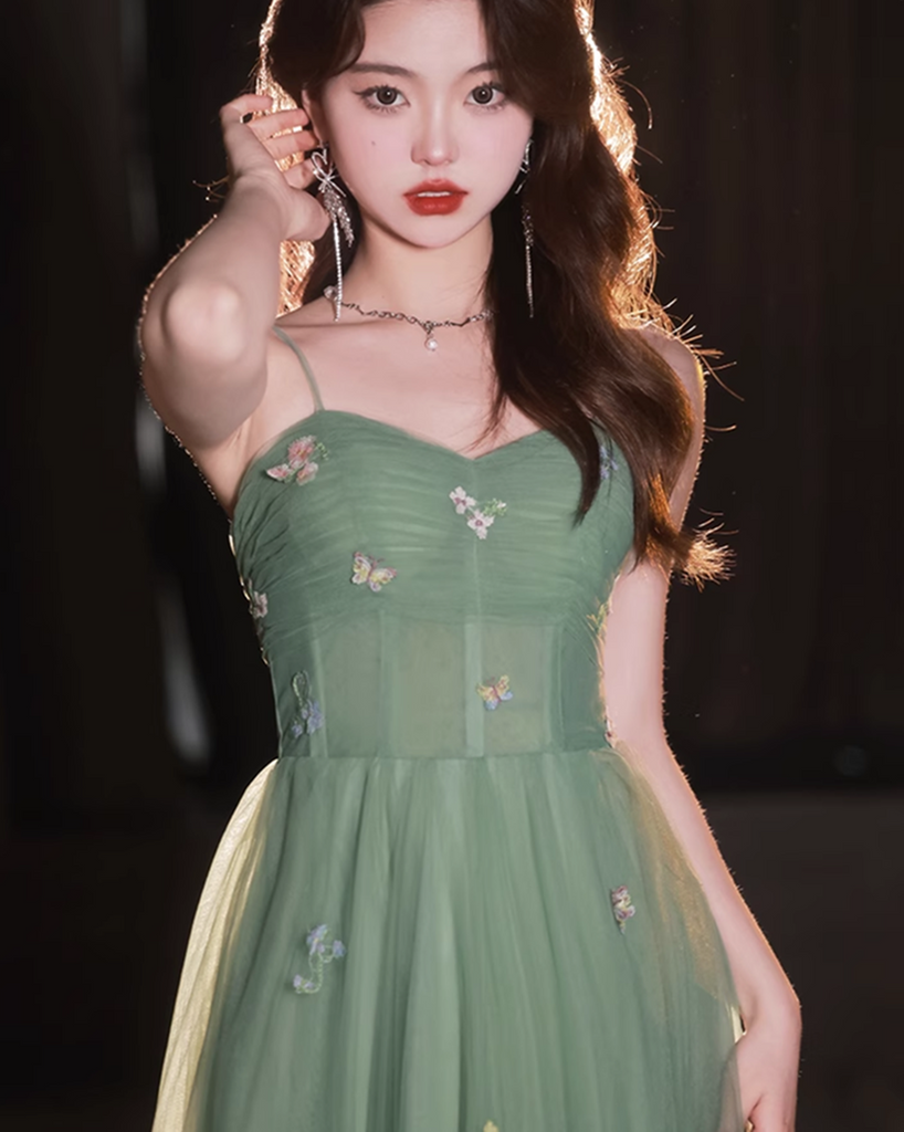 A-line Green Sweetheart Long Tulle Glitter Prom Dress, Green Straps Party Dress main image 1