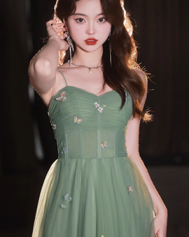 Green Tulle Straps Sweetheart Long Formal Dress, Light Green A-line Prom Dress